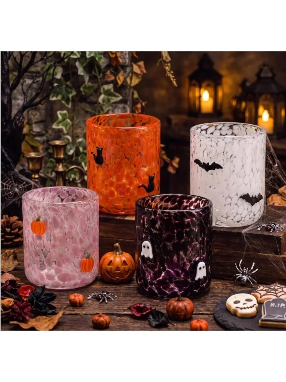Set of 4 Halloween Glass Cups - 16oz Ghost, Bat, Pumpkin, Black Cat - Cute Party